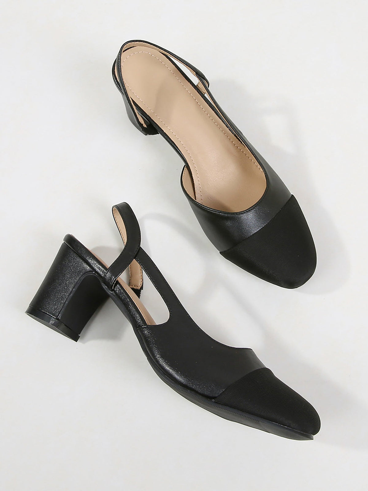 Colorblock Round Toe Chunky Heel Slingback Pumps