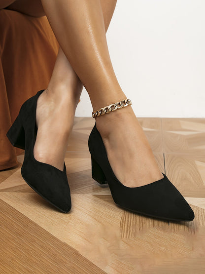 Faux Suede Solid Color Chunky Heel Pumps