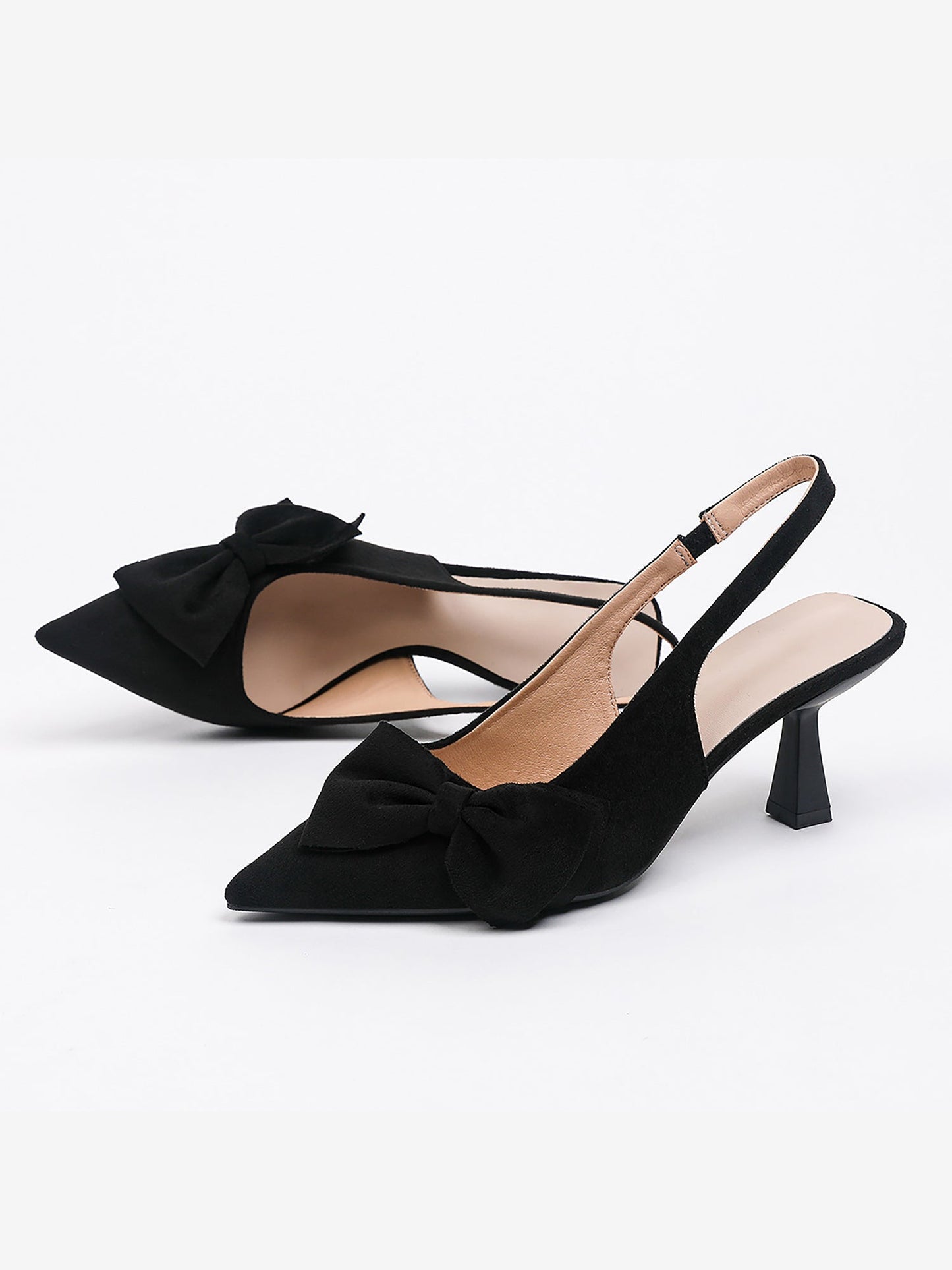 Bowknot Pointed Toe Stiletto Heel Faux Suede Slingback Pumps