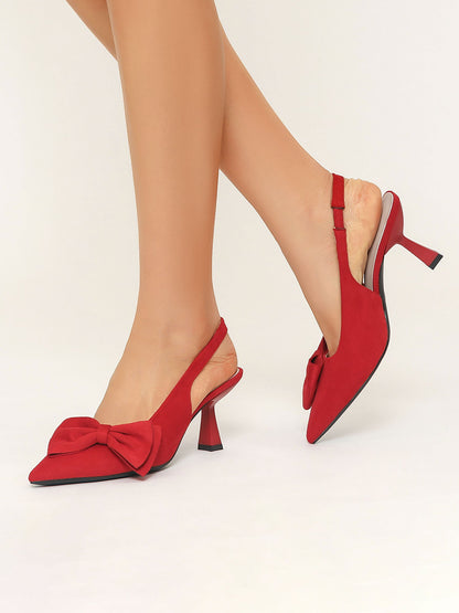 Bowknot Pointed Toe Stiletto Heel Faux Suede Slingback Pumps