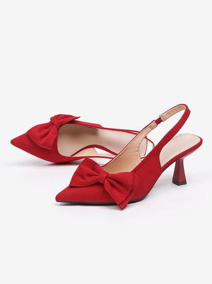 Bowknot Pointed Toe Stiletto Heel Faux Suede Slingback Pumps