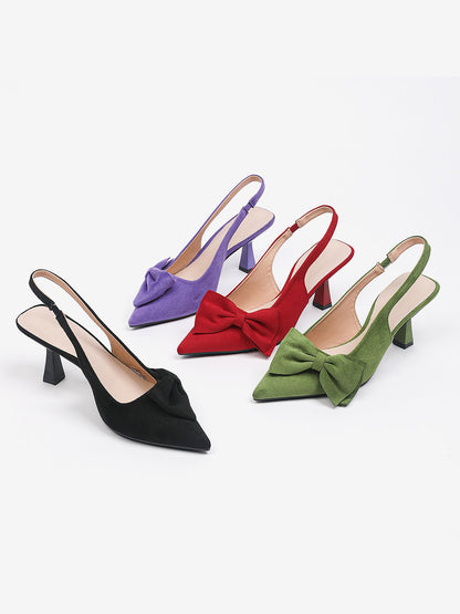 Bowknot Pointed Toe Stiletto Heel Faux Suede Slingback Pumps