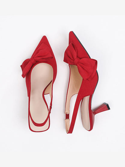 Bowknot Pointed Toe Stiletto Heel Faux Suede Slingback Pumps