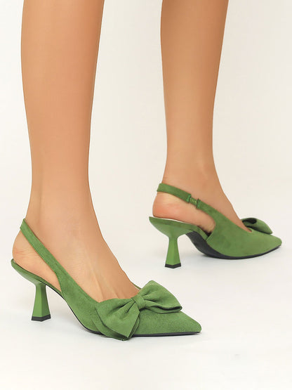 Bowknot Pointed Toe Stiletto Heel Faux Suede Slingback Pumps