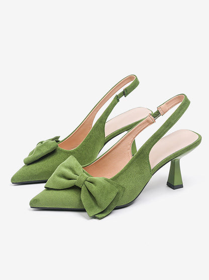 Bowknot Pointed Toe Stiletto Heel Faux Suede Slingback Pumps