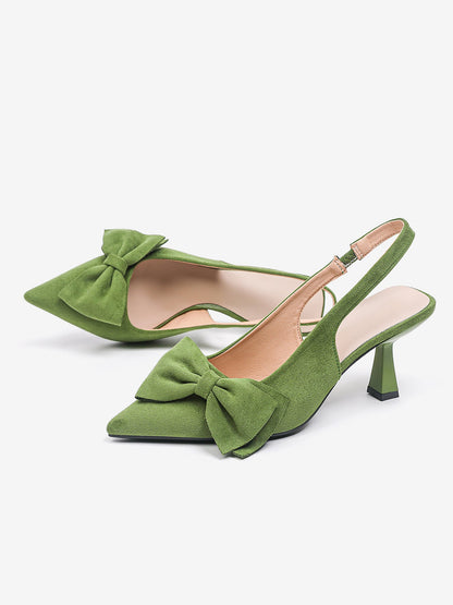 Bowknot Pointed Toe Stiletto Heel Faux Suede Slingback Pumps