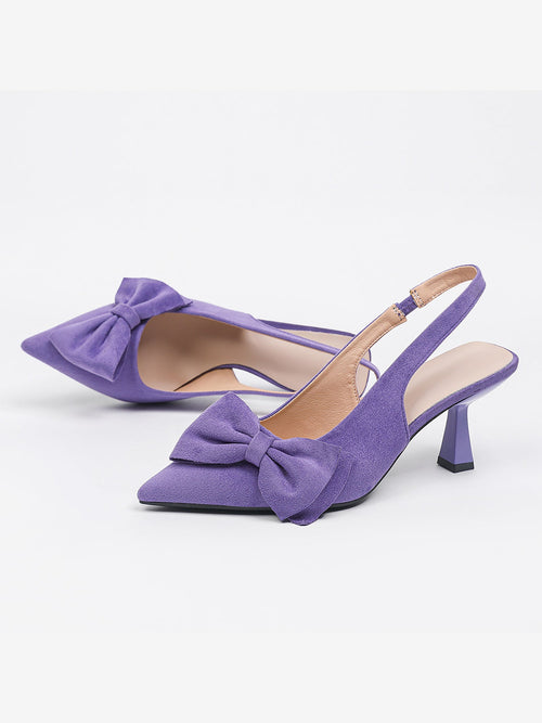 Bowknot Pointed Toe Stiletto Heel Faux Suede Slingback Pumps
