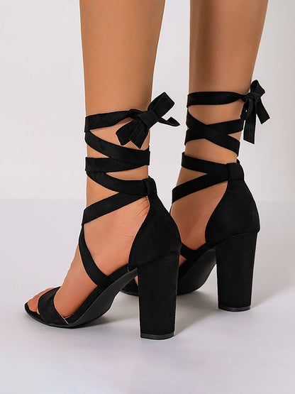Round Toe Criss-Cross Faux Suede Chunky Heel Sandals