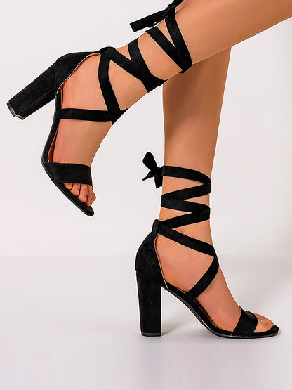 Round Toe Criss-Cross Faux Suede Chunky Heel Sandals