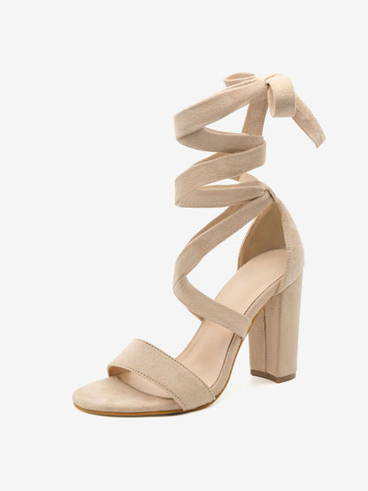 Round Toe Criss-Cross Faux Suede Chunky Heel Sandals