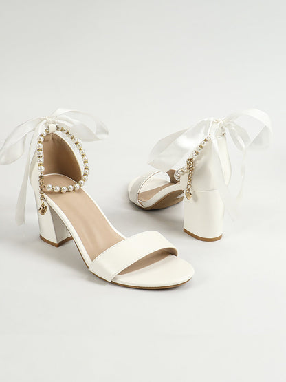 Faux Pearl Bow Strap Open Toe Chunky Heel Wedding Sandals