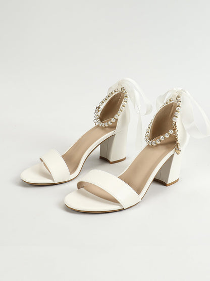 Faux Pearl Bow Strap Open Toe Chunky Heel Wedding Sandals