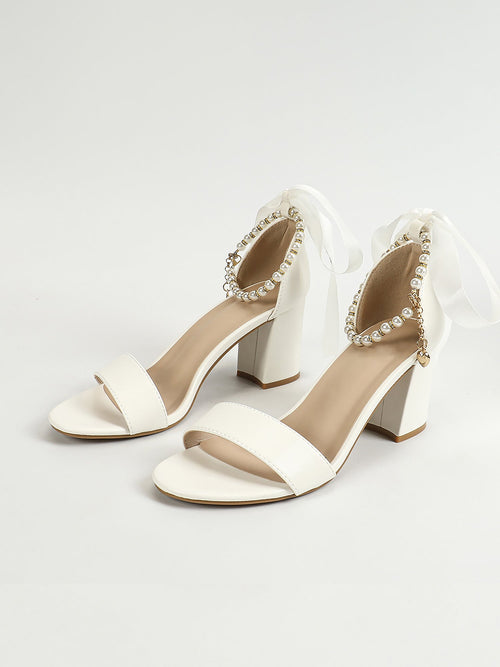 Faux Pearl Bow Strap Open Toe Chunky Heel Wedding Sandals