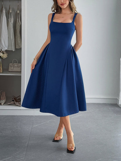 Solid Color Sleeveless Backless A-Line Midi Dress