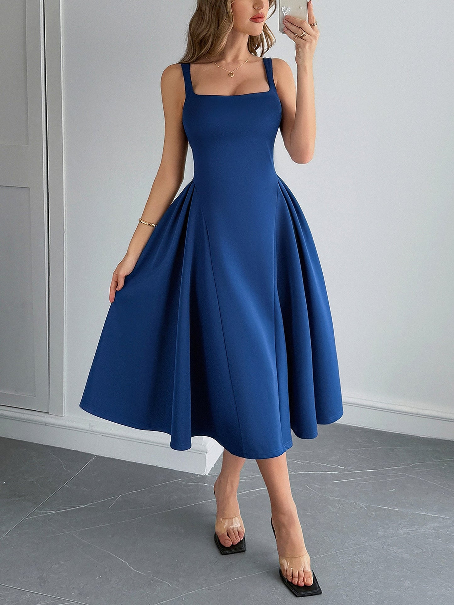 Solid Color Sleeveless Backless A-Line Midi Dress
