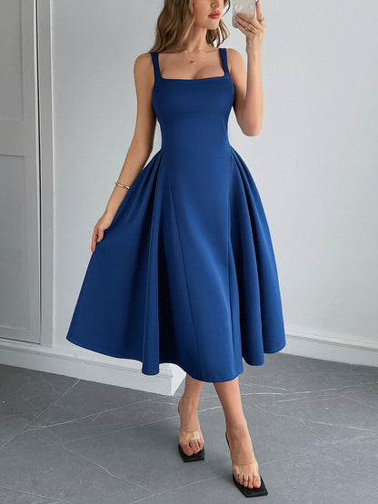 Solid Color Sleeveless Backless A-Line Midi Dress