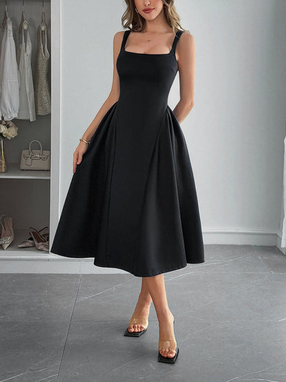 Solid Color Sleeveless Backless A-Line Midi Dress