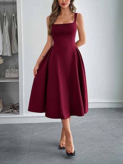 Solid Color Sleeveless Backless A-Line Midi Dress