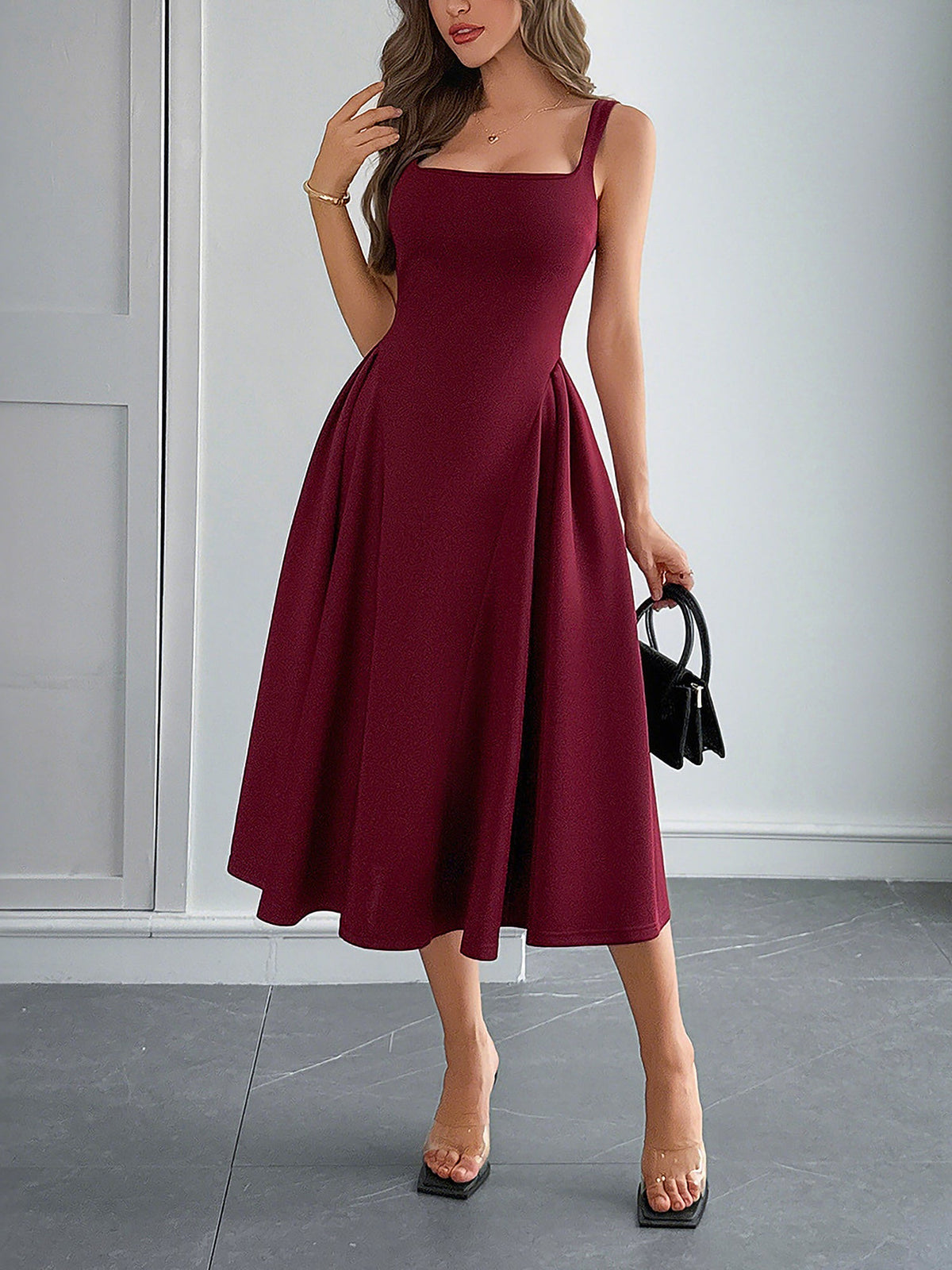 Solid Color Sleeveless Backless A-Line Midi Dress
