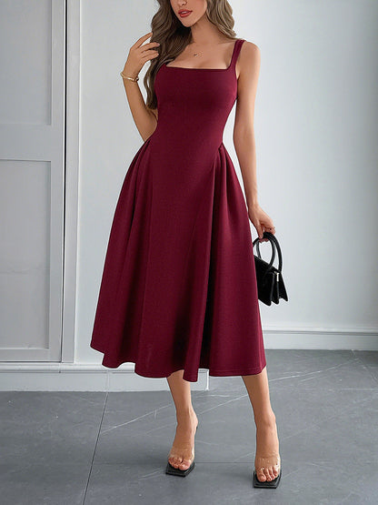 Solid Color Sleeveless Backless A-Line Midi Dress