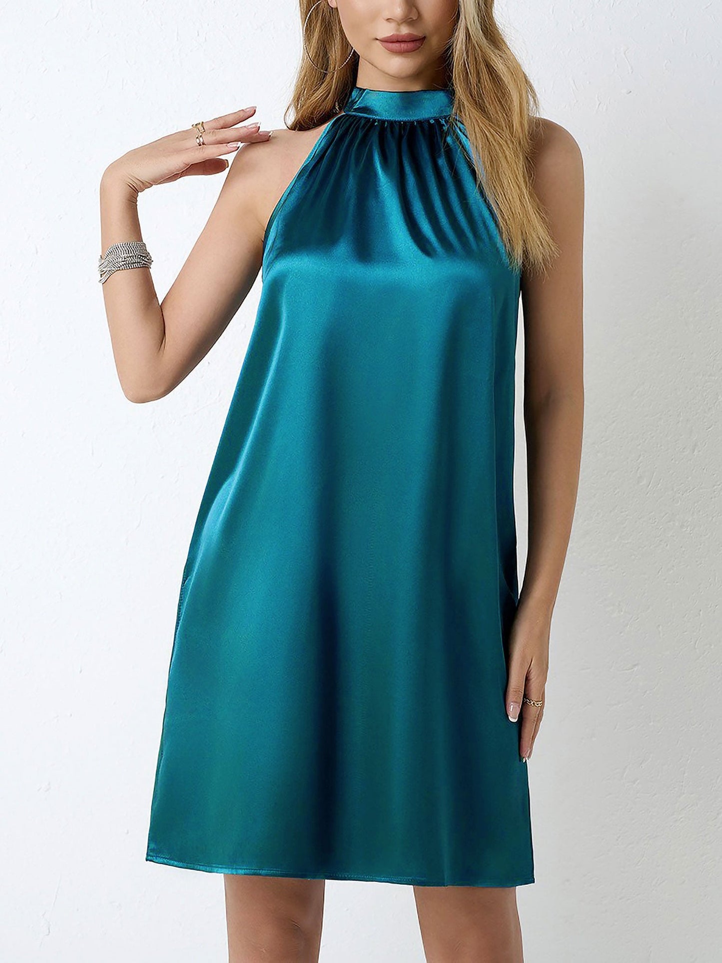 Satin Halter Neck Sleeveless Solid Color Mini Dress