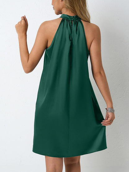 Satin Halter Neck Sleeveless Solid Color Mini Dress