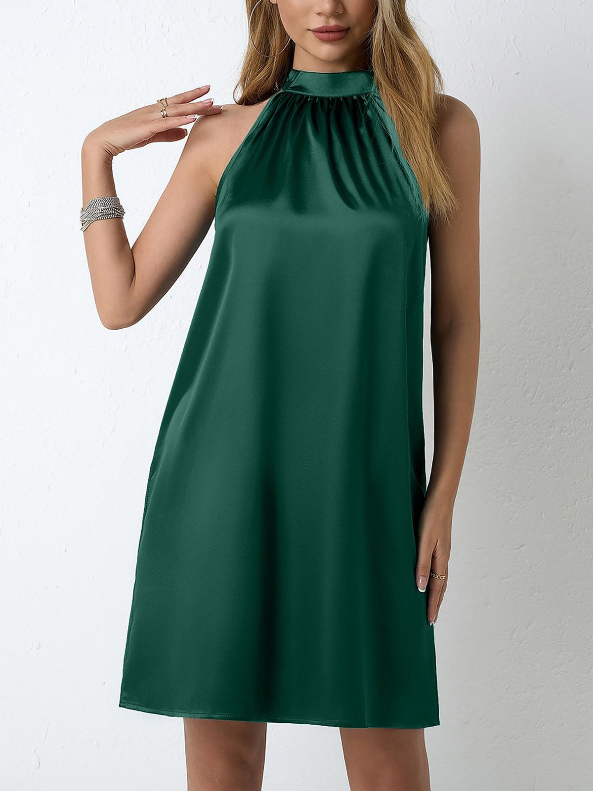 Satin Halter Neck Sleeveless Solid Color Mini Dress
