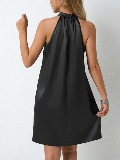 Satin Halter Neck Sleeveless Solid Color Mini Dress