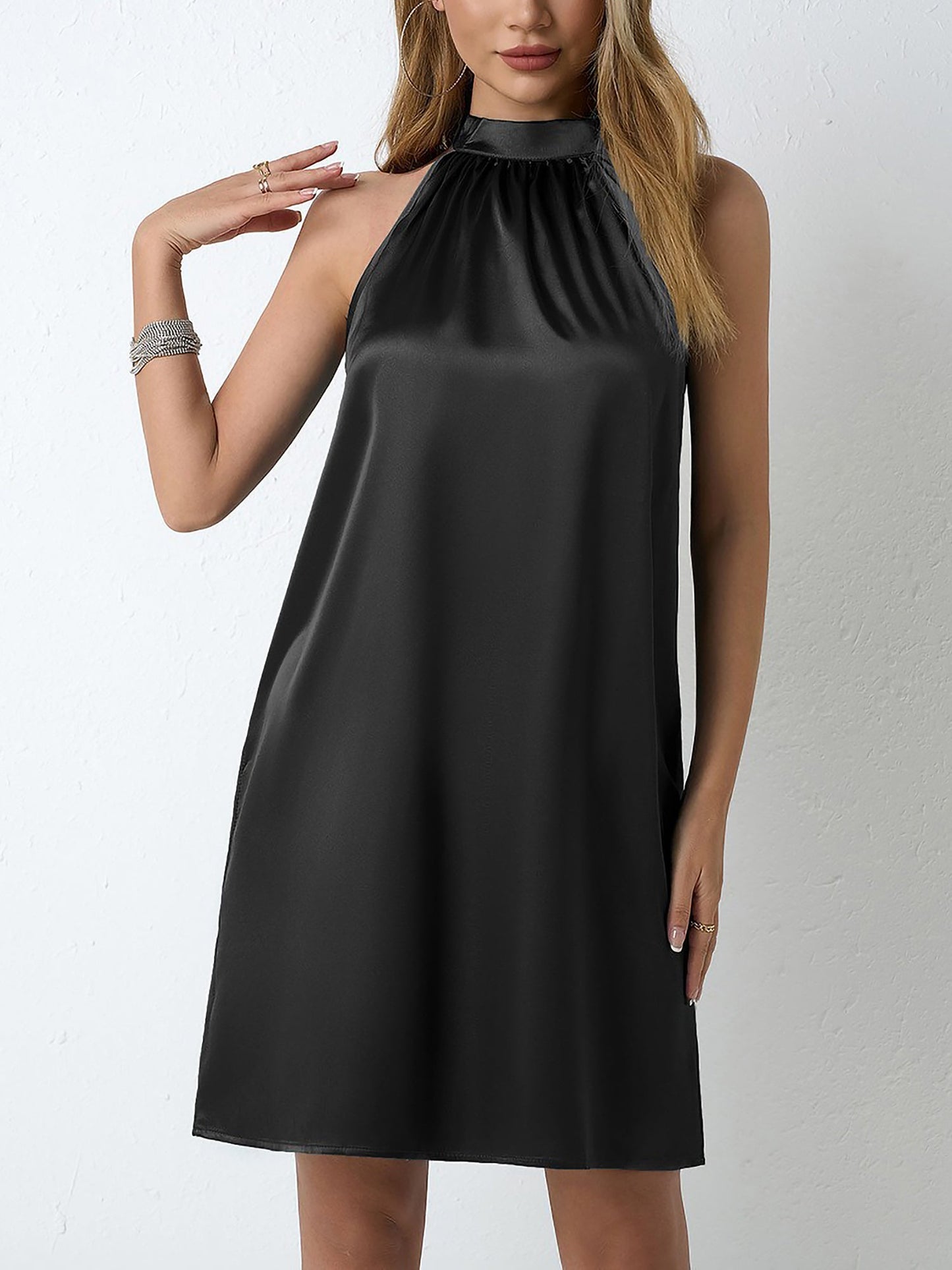 Satin Halter Neck Sleeveless Solid Color Mini Dress