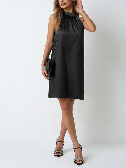 Satin Halter Neck Sleeveless Solid Color Mini Dress