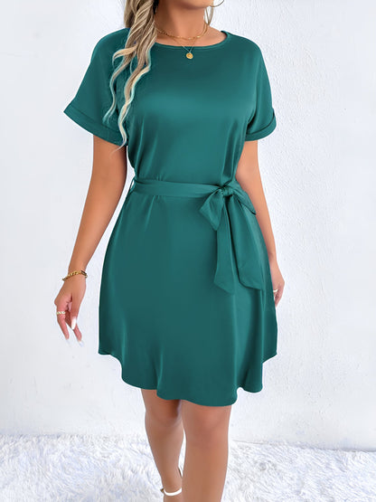 Solid Color Short Sleeve Satin Lace-Up Knee Length Dress