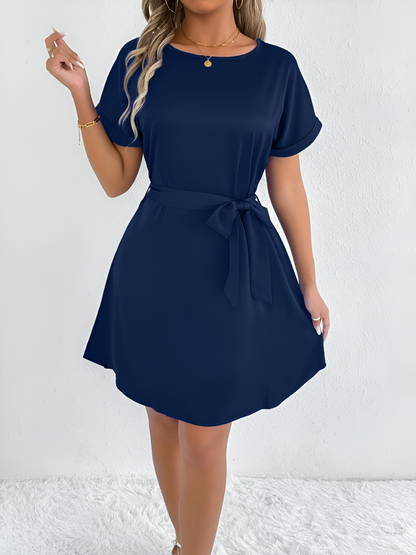 Solid Color Short Sleeve Satin Lace-Up Knee Length Dress