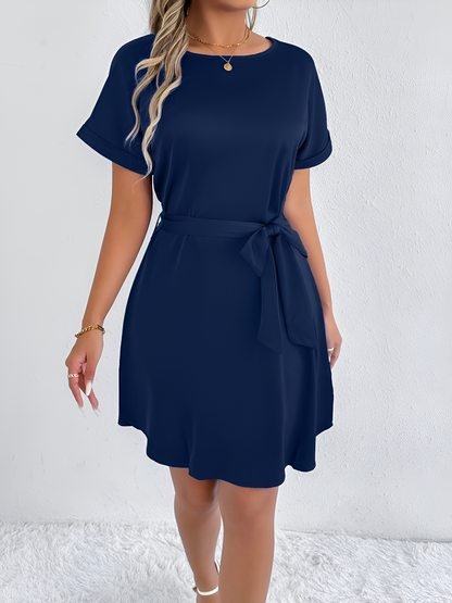Solid Color Short Sleeve Satin Lace-Up Knee Length Dress