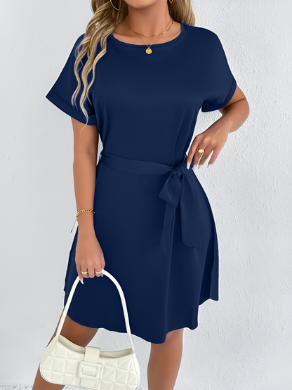 Solid Color Short Sleeve Satin Lace-Up Knee Length Dress