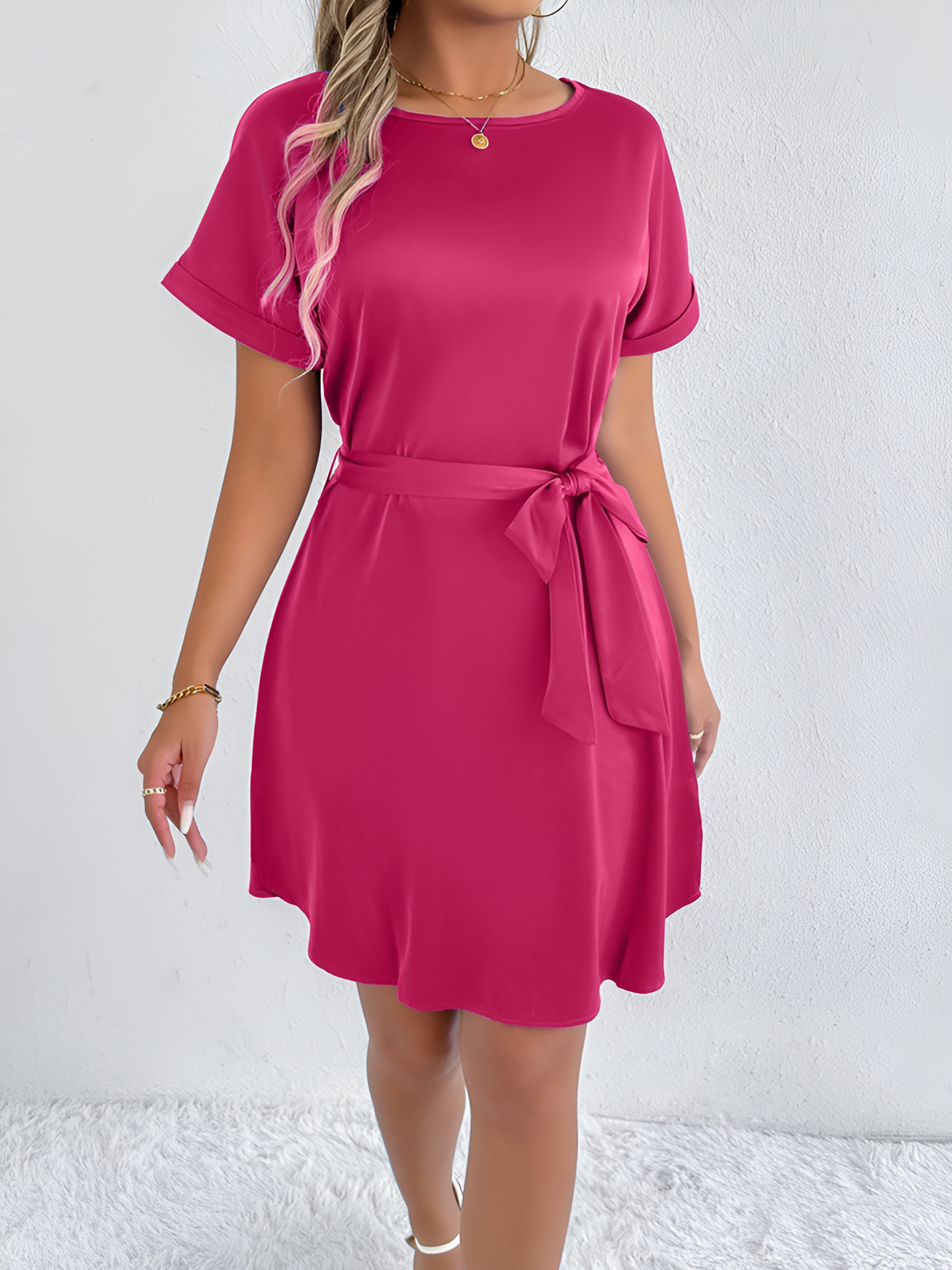 Solid Color Short Sleeve Satin Lace-Up Knee Length Dress