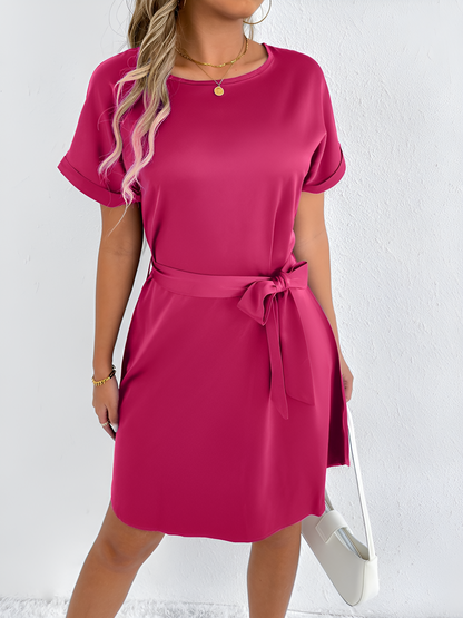 Solid Color Short Sleeve Satin Lace-Up Knee Length Dress