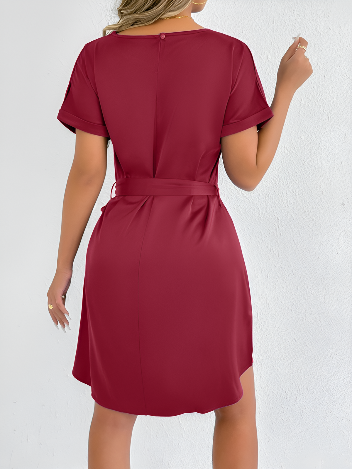 Solid Color Short Sleeve Satin Lace-Up Knee Length Dress