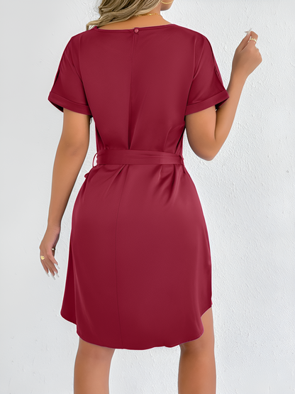 Solid Color Short Sleeve Satin Lace-Up Knee Length Dress