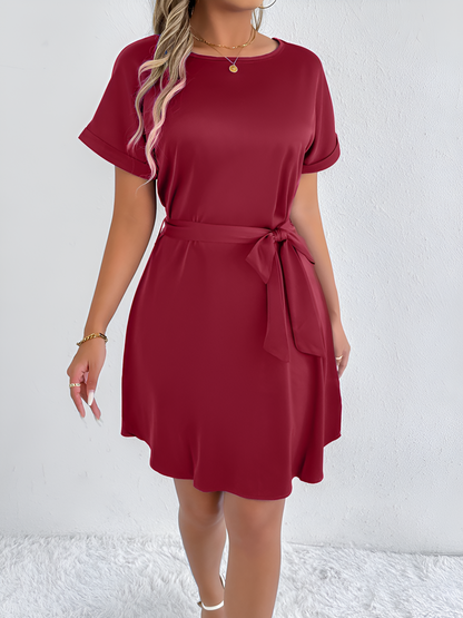 Solid Color Short Sleeve Satin Lace-Up Knee Length Dress