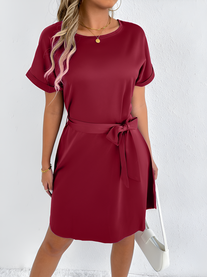 Solid Color Short Sleeve Satin Lace-Up Knee Length Dress