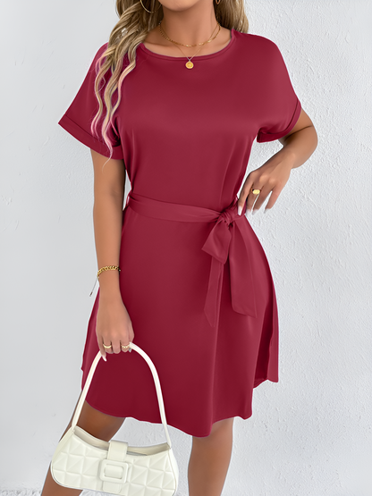 Solid Color Short Sleeve Satin Lace-Up Knee Length Dress