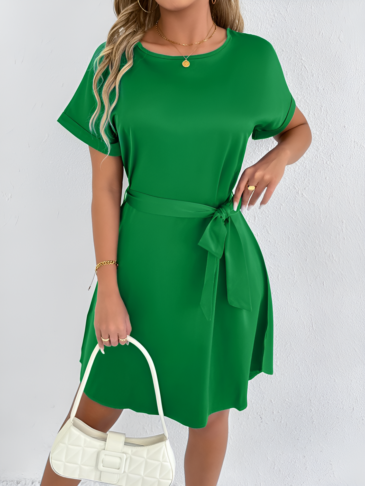 Solid Color Short Sleeve Satin Lace-Up Knee Length Dress