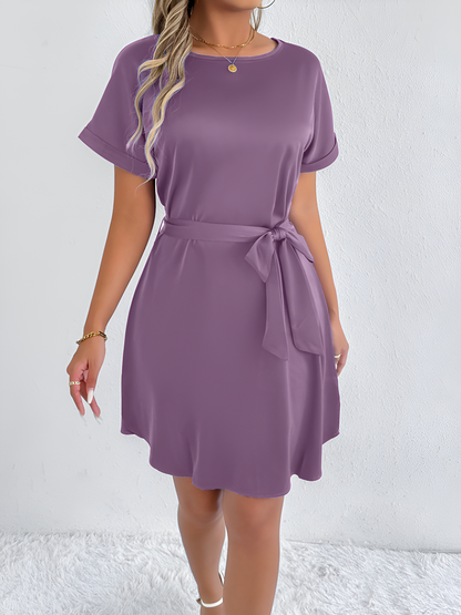 Solid Color Short Sleeve Satin Lace-Up Knee Length Dress