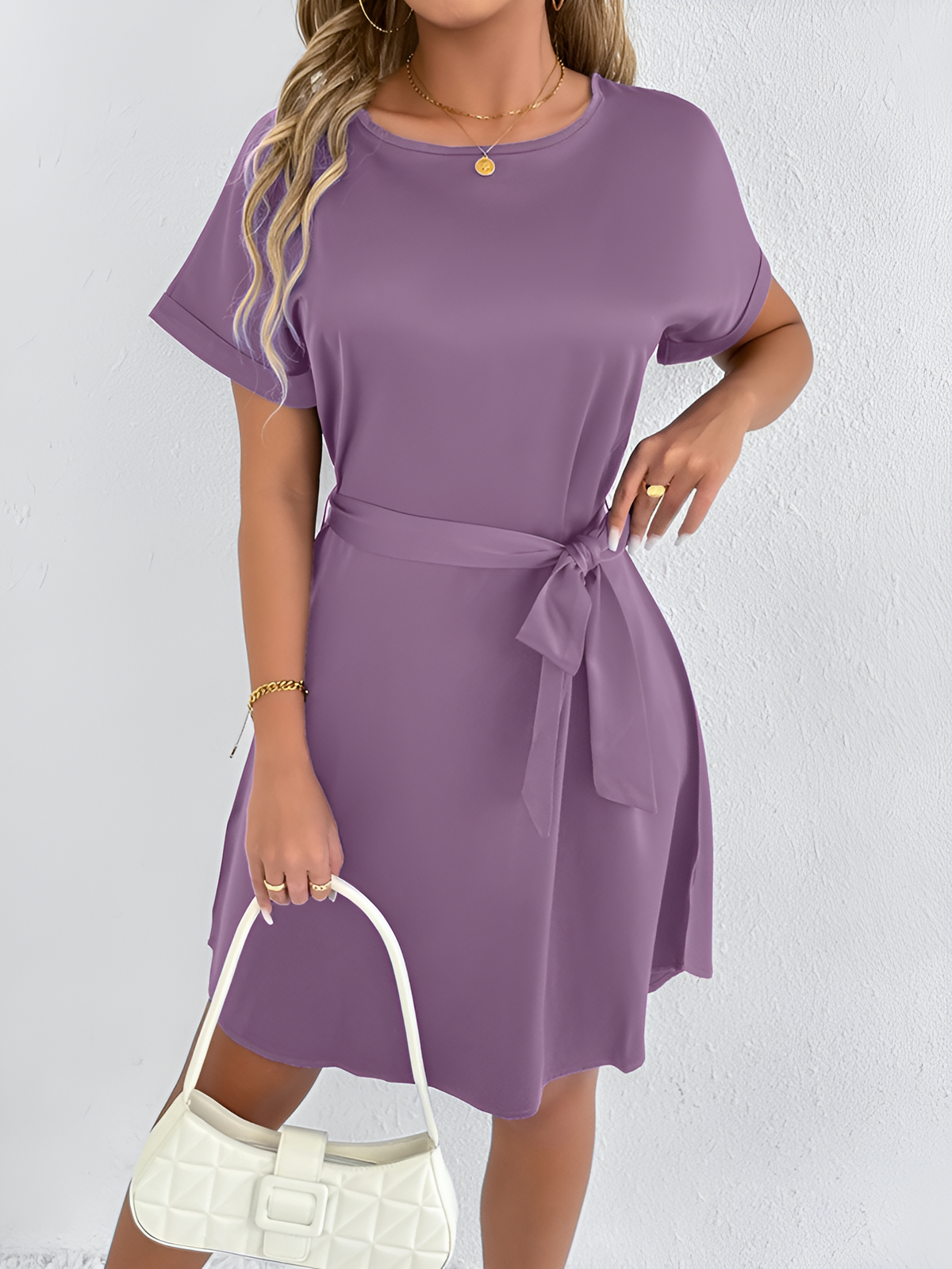 Solid Color Short Sleeve Satin Lace-Up Knee Length Dress