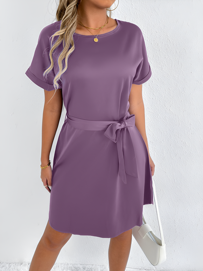 Solid Color Short Sleeve Satin Lace-Up Knee Length Dress