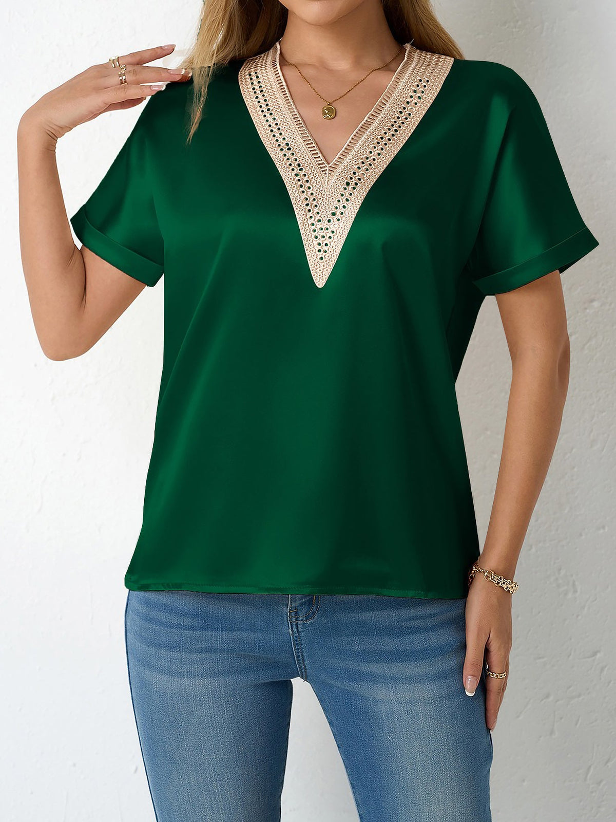 Lace Trim V Neck Satin Short Sleeves Blouse