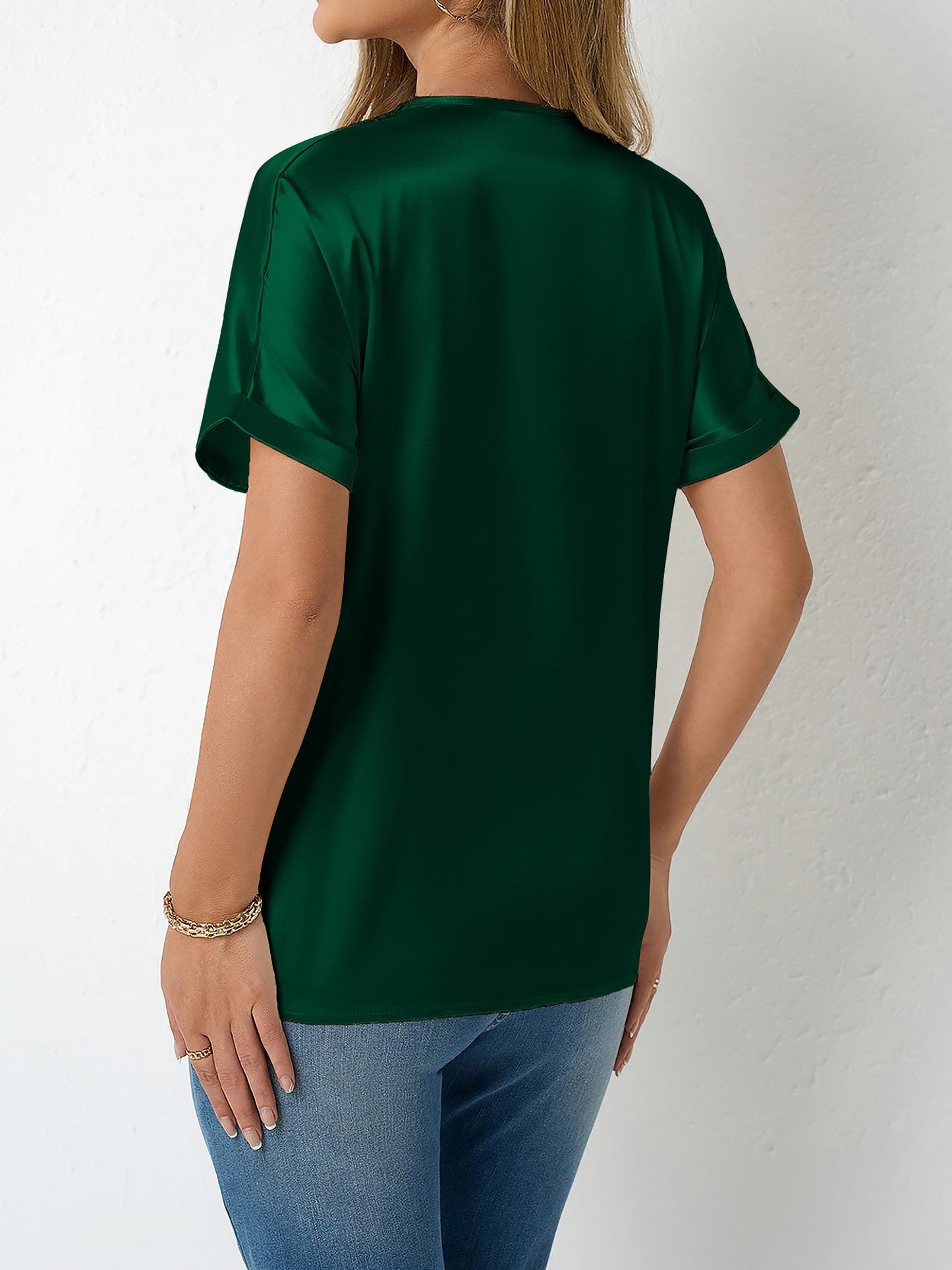 Lace Trim V Neck Satin Short Sleeves Blouse