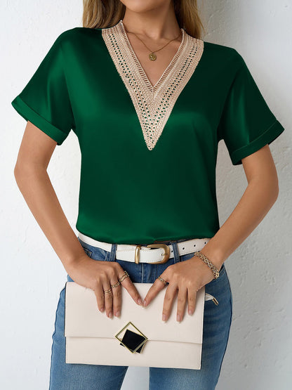Lace Trim V Neck Satin Short Sleeves Blouse