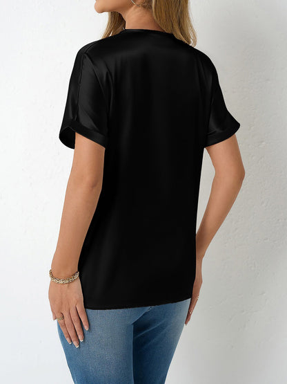 Lace Trim V Neck Satin Short Sleeves Blouse
