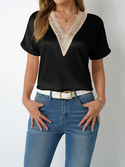 Lace Trim V Neck Satin Short Sleeves Blouse